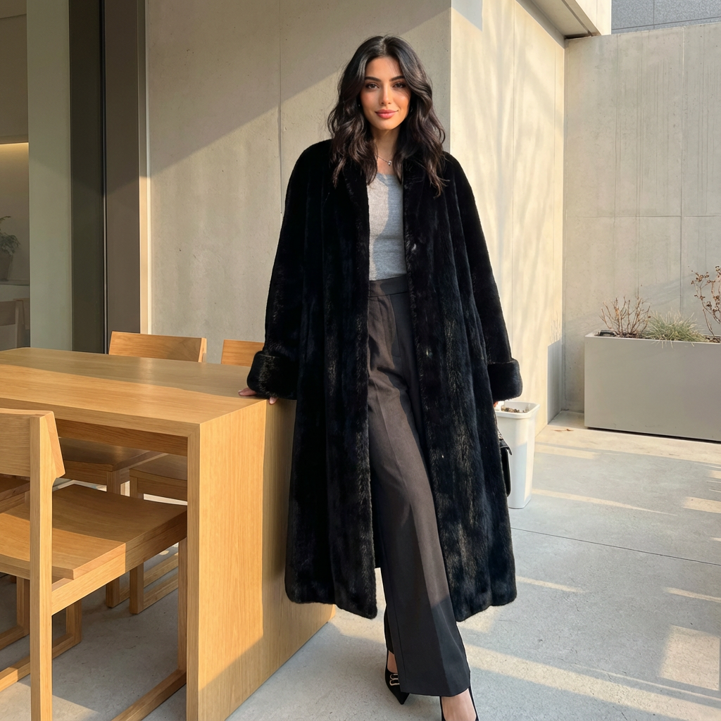 Manteau long en fausse fourrure pour femmes Lena | Col châle, larges poignets en fourrure