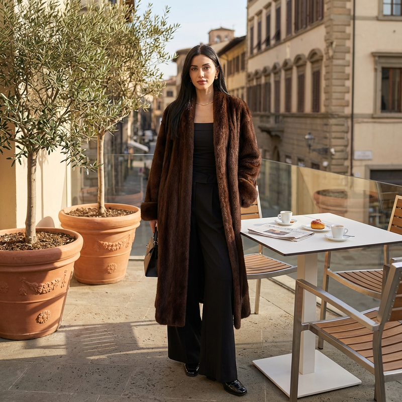 Manteau long en fausse fourrure pour femmes Lena | Col châle, larges poignets en fourrure