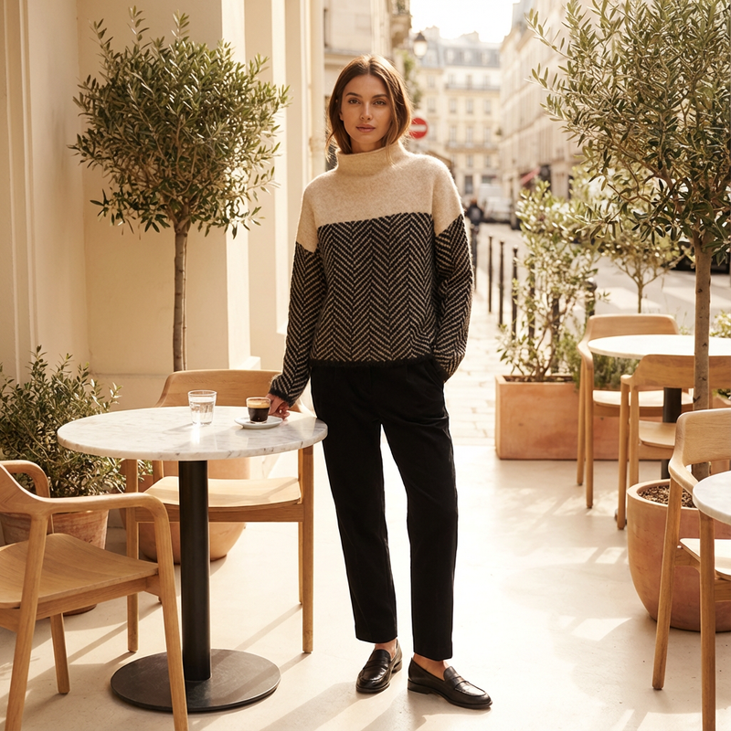 Pull Col Roulé Femme Elora | Texture Chevron, Coupe Décontractée