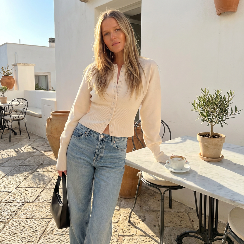 Cardigan à col rond Selene | Taille côtelée, silhouette ajustée