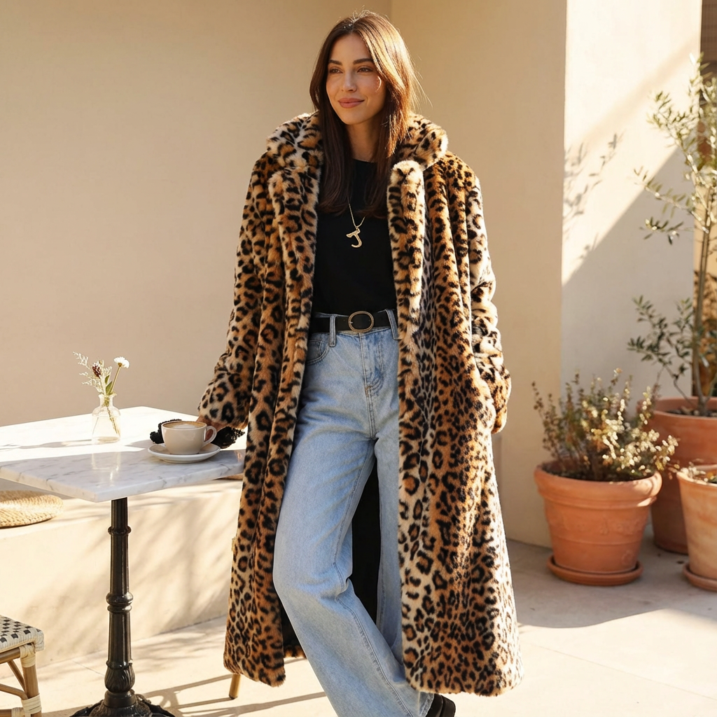 Abrigo de piel sintética para mujer Leona | Estampado de leopardo, cuello con muesca