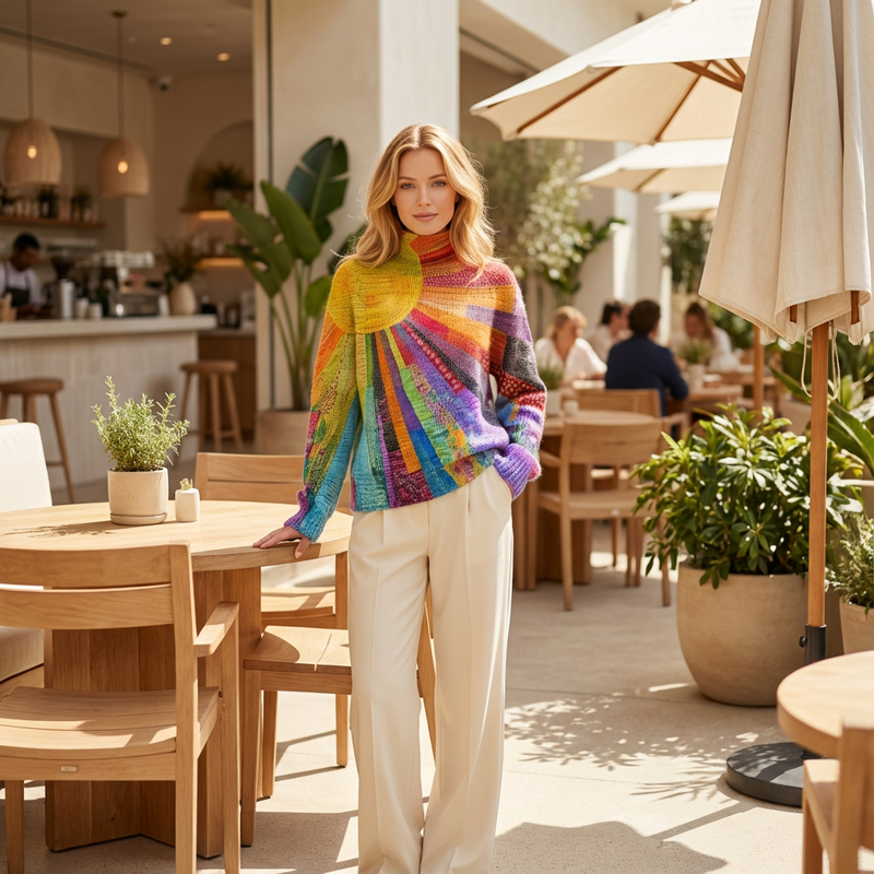 Suéter de cuello alto para mujer Zerelle | Estampado de Parches Multicolor, Corte Relajado