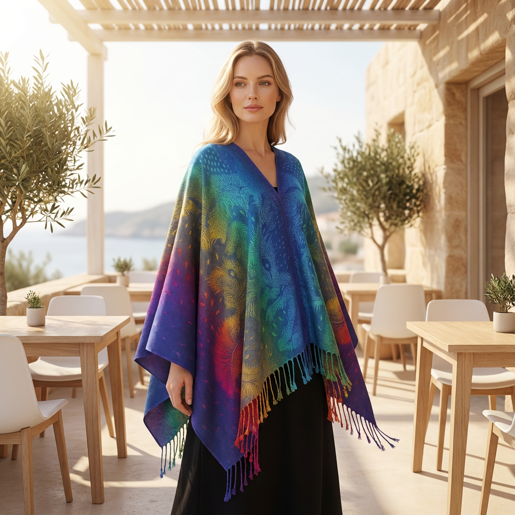 Bufanda envolvente para mujer Zephyra | Patrón multicolor, Bordes con flecos