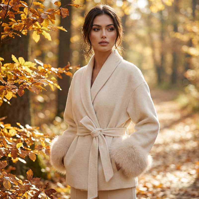 Manteau en fausse fourrure pour femmes Aria | Taille ceinturée, poignets bordés de fourrure