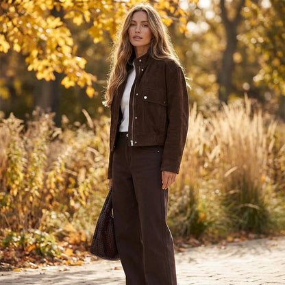 Elena Women’s Bomber Jacket | Cropped Length, Stand Collar