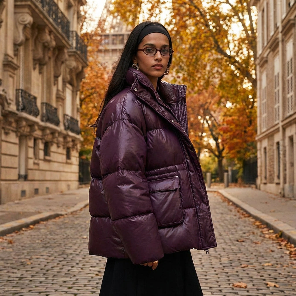 Doudoune oversize femme Veda | Coque matelassée brillante, capuche à patte pressionnée