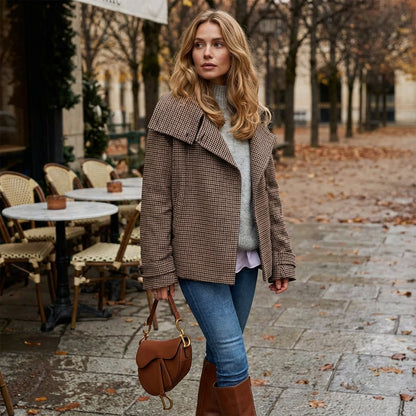 Manteau court à carreaux femme Marissa | Double boutonnage, col montant