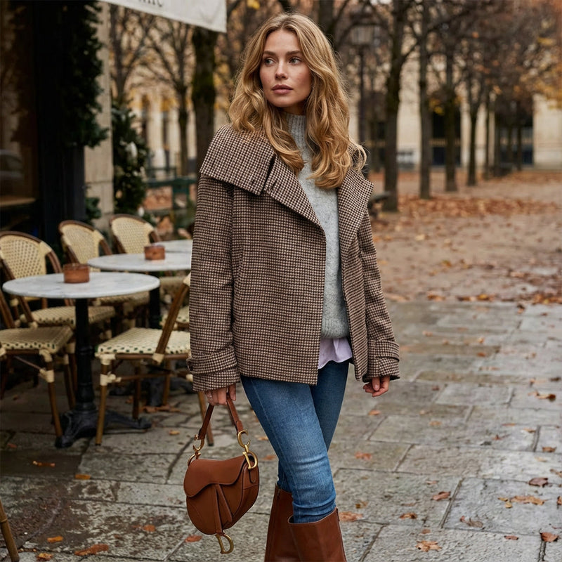 Manteau court à carreaux femme Marissa | Double boutonnage, col montant