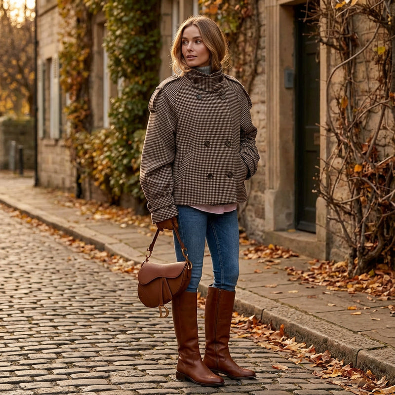Manteau court à carreaux femme Marissa | Double boutonnage, col montant