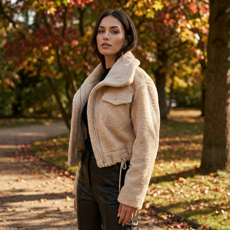 Veste aviateur courte femme Aria | Col style shearling, fermeture zippée devant