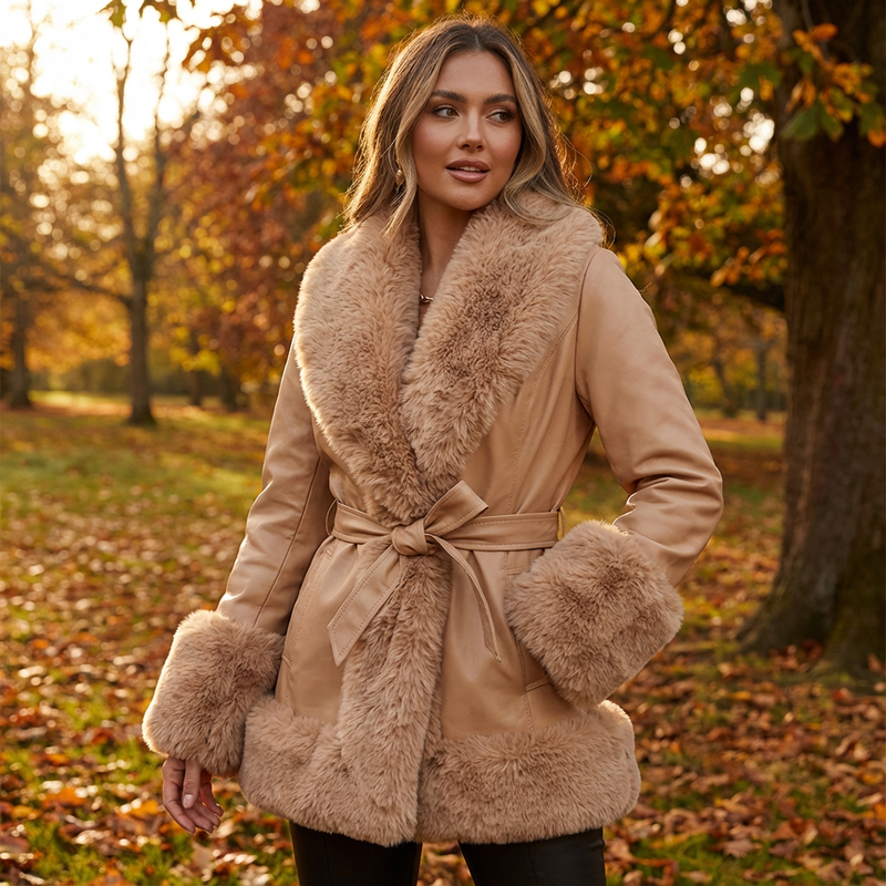Manteau ceinturé pour femme Aurora | Bordure en fausse fourrure, manches longues