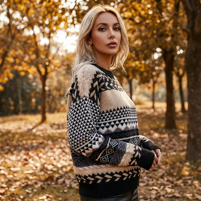 Pull Tricot Femme Zavira | Motif Nordique, Col Rond