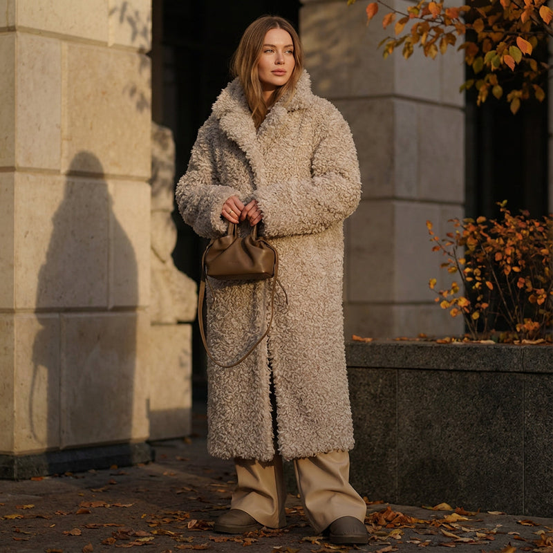 Abrigo para mujer Gina | Maxi de piel sintética de borrego, estilo invernal moderno