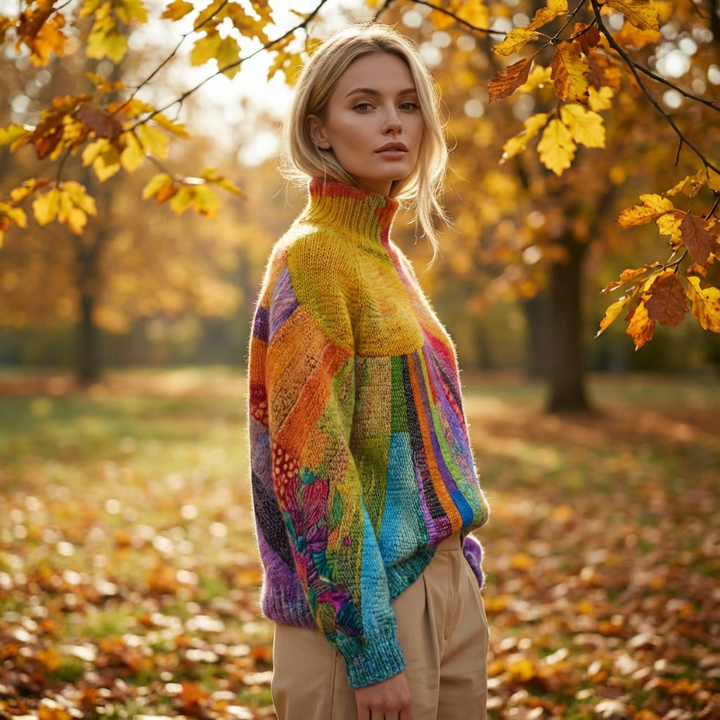 Suéter de cuello alto para mujer Zerelle | Estampado de Parches Multicolor, Corte Relajado