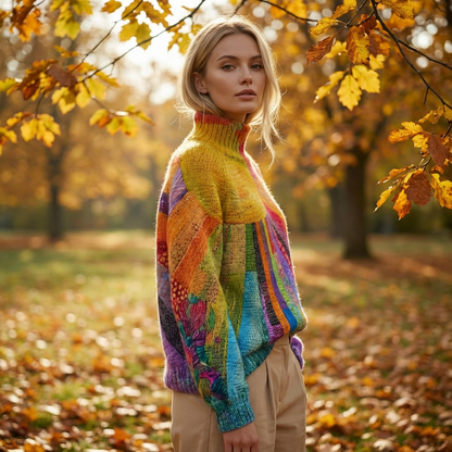 Suéter de cuello alto para mujer Zerelle | Estampado de Parches Multicolor, Corte Relajado