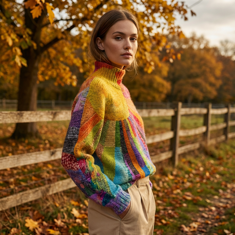 Suéter de cuello alto para mujer Zerelle | Estampado de Parches Multicolor, Corte Relajado
