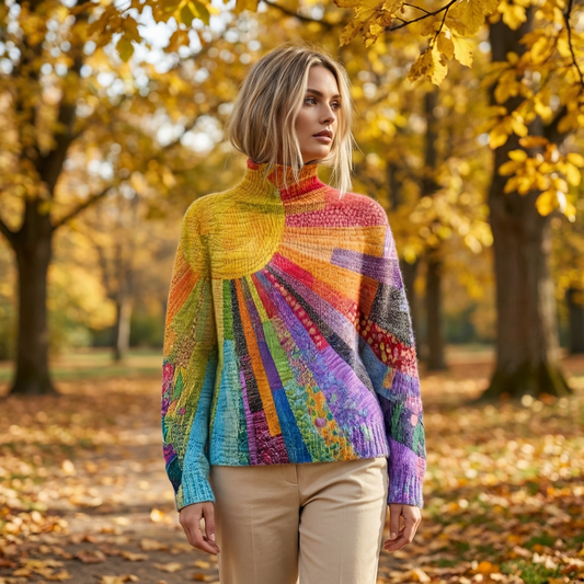 Pull Col Roulé Femme Zerelle | Imprimé Patchwork Multicolore, Coupe Décontractée