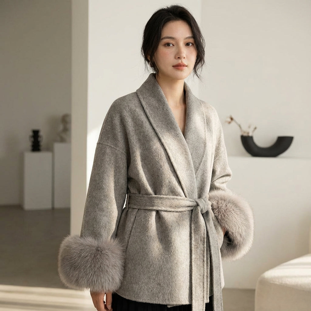 Manteau en fausse fourrure pour femmes Aria | Taille ceinturée, poignets bordés de fourrure