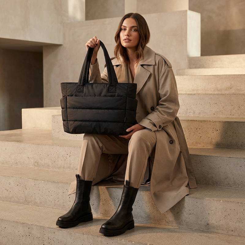 Bolso tote acolchado para mujer Luma | Nailon acolchado, Bolsillos laterales