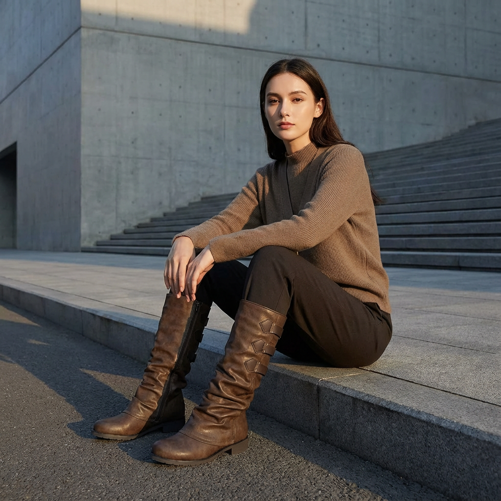 Bottes mi-mollet noires Gina pour femmes | Cuir véritable, mode décontractée