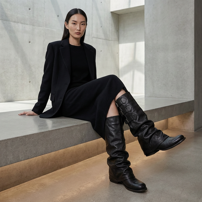Bottes mi-mollet noires Gina pour femmes | Cuir véritable, mode décontractée