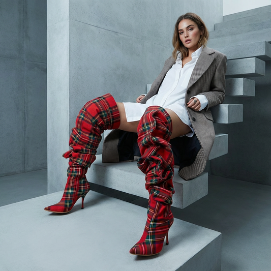 Bottes cuissardes Pia pour femmes | Au-dessus du genou à carreaux, bout pointu