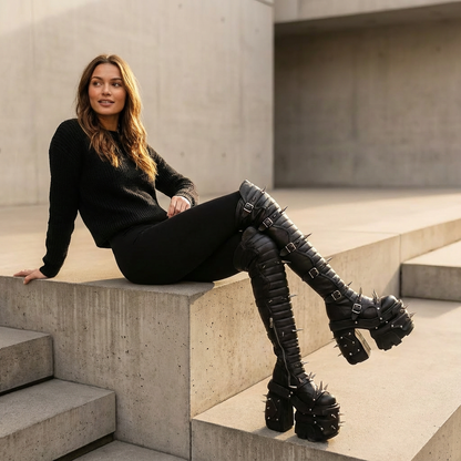 Bottes montantes punk Tank pour femmes | Design à rivets, cuir synthétique