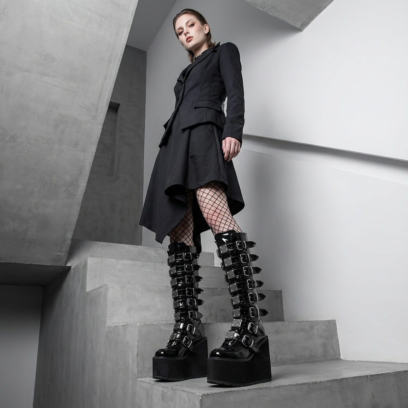 Bottes gothiques à plateforme montantes pour femmes Nyxra | Design multi-boucles, plateforme compensée