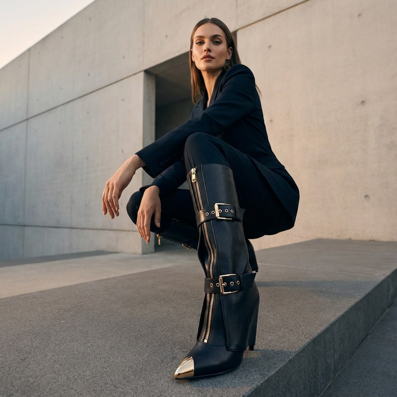 Bottes noires montantes pour femmes Evelyn | Talons stilettos, bout pointu