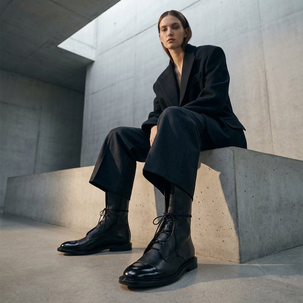 Bottes Mi-Mollet à Lacets pour Femme Jade | Semelle Plate, Look Cuir Intemporel