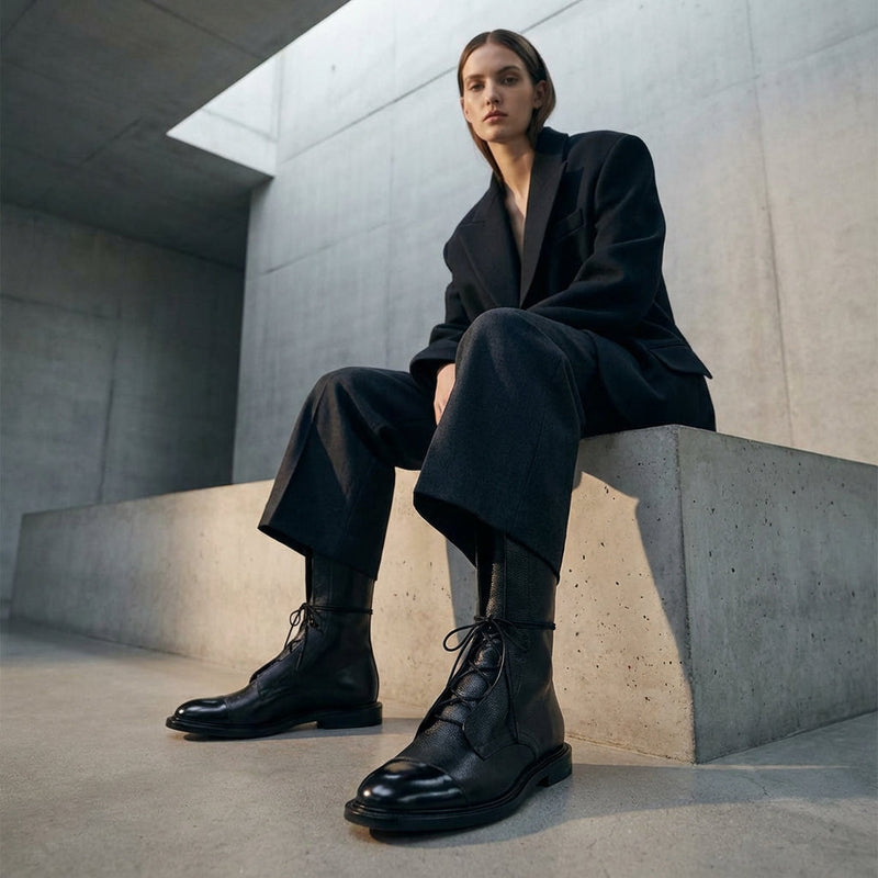 Bottes Mi-Mollet à Lacets pour Femme Jade | Semelle Plate, Look Cuir Intemporel