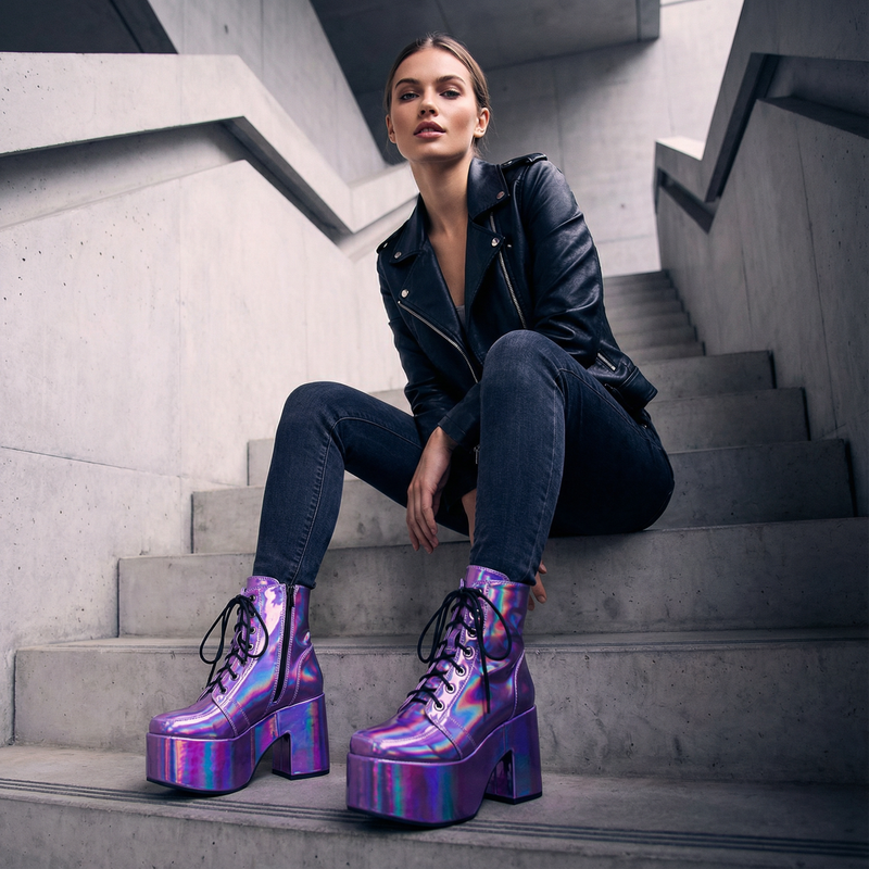 Bottes punk noires Tina pour femmes | Semelle épaisse, design à lacets
