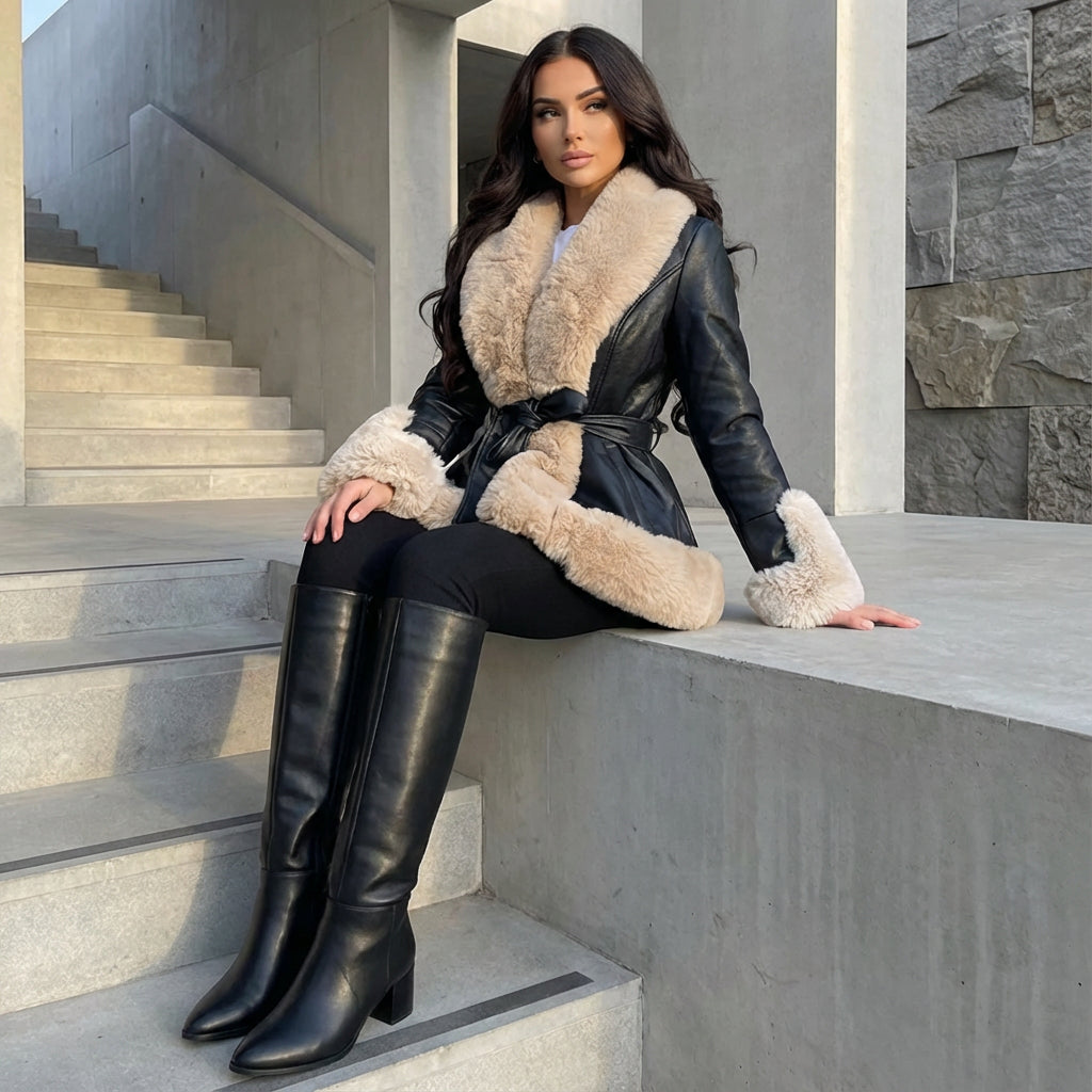 Manteau ceinturé pour femme Aurora | Bordure en fausse fourrure, manches longues