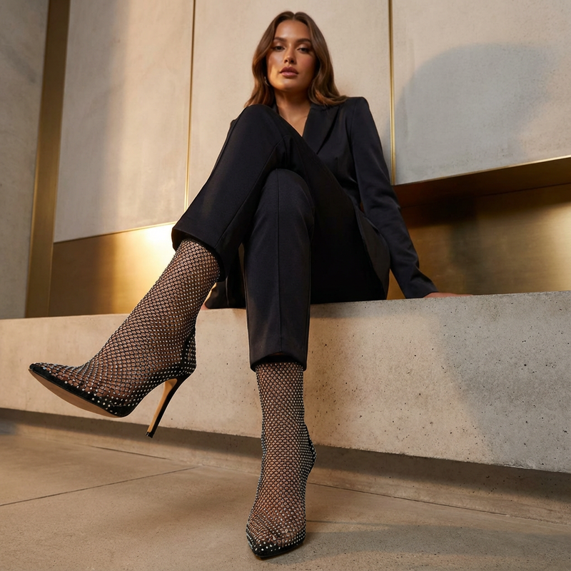 Bottines Femme Zerina | Maille Strass, Bout Pointu