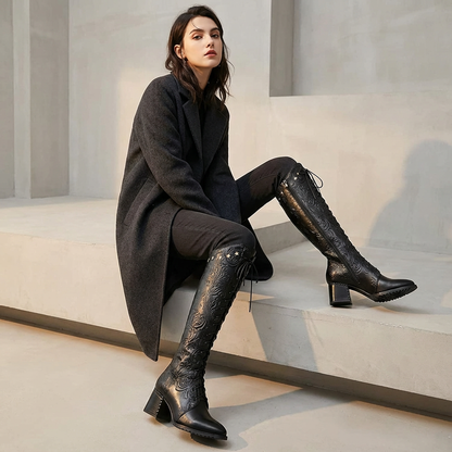 Bottes Montantes Femme Aureline à Motifs Embossés | Cuir Sculpté, Talon Bloc