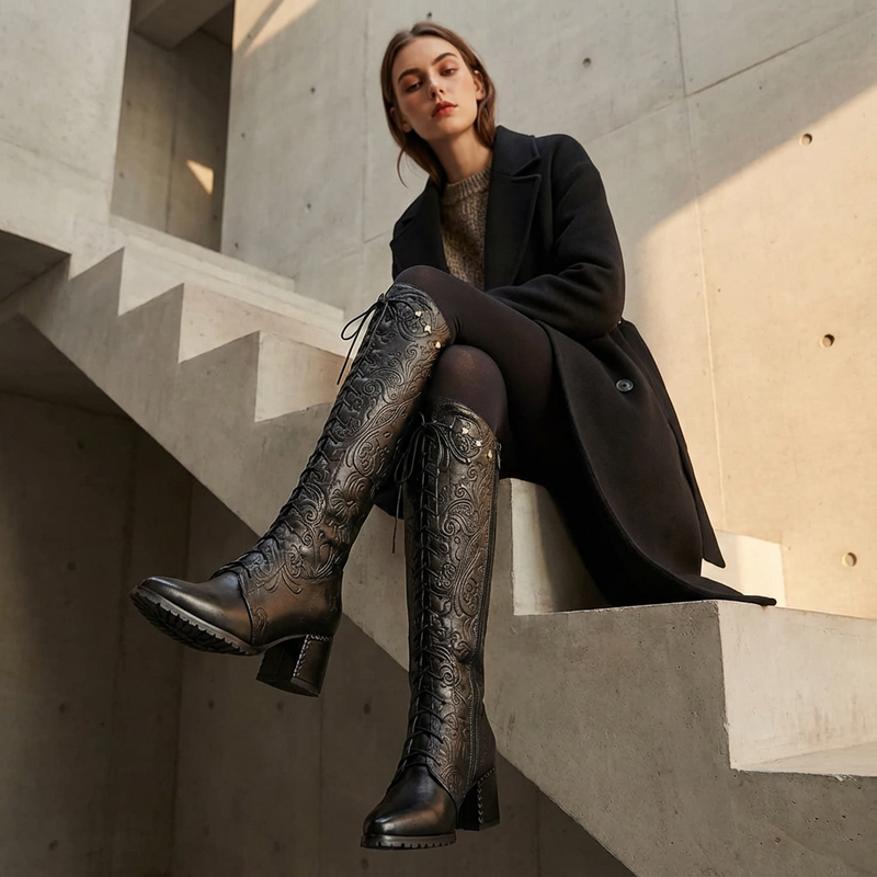 Bottes Montantes Femme Aureline à Motifs Embossés | Cuir Sculpté, Talon Bloc