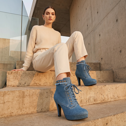 Bottes Courtes à Lacets Femme Lyra | Finition Denim, Talon Stiletto