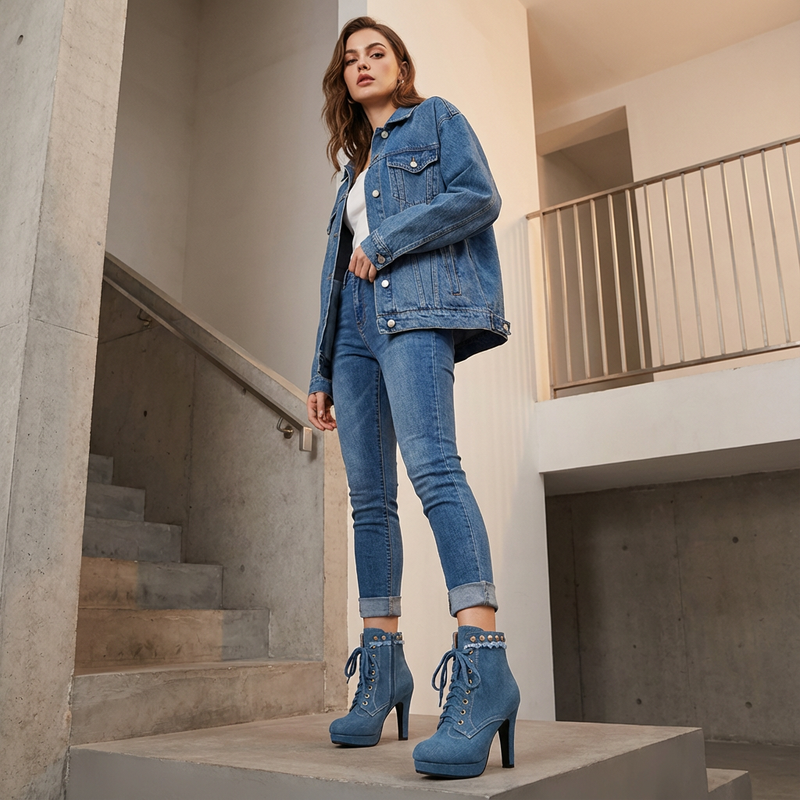 Bottes Courtes à Lacets Femme Lyra | Finition Denim, Talon Stiletto