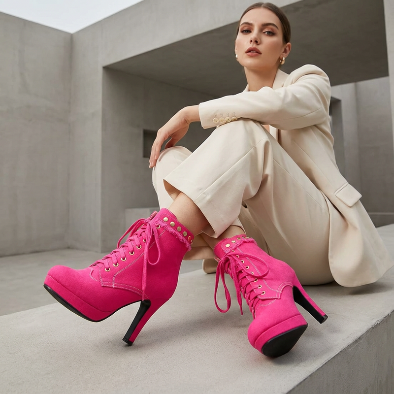 Bottes Courtes à Lacets Femme Lyra | Finition Denim, Talon Stiletto