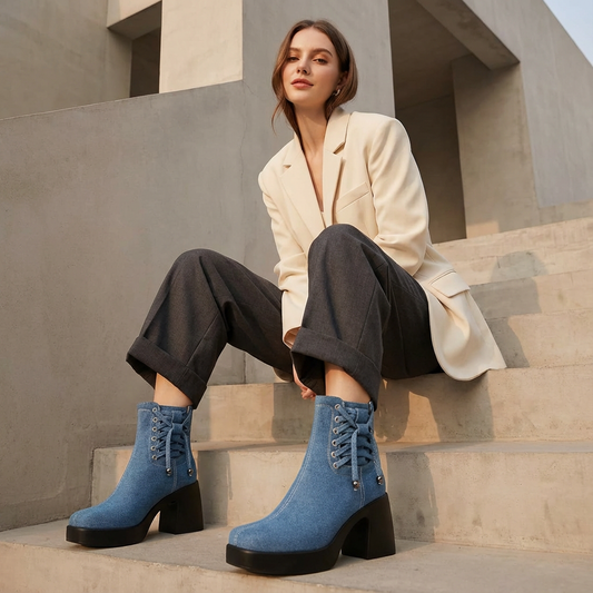Bottines à plateforme pour femmes Lunette | Finition denim, talon épais