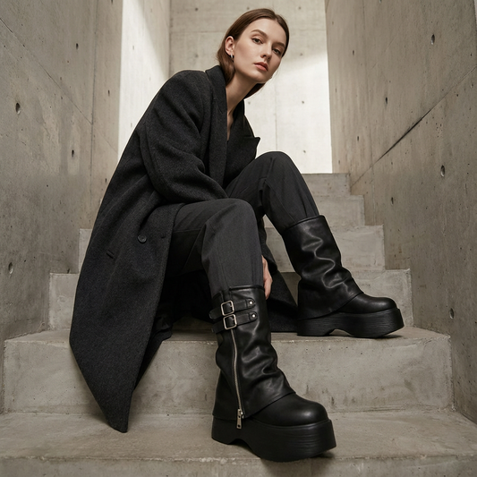 Bottes de Moto Épaisses Femme Sleek | Cuir Souple, Plateforme Haute