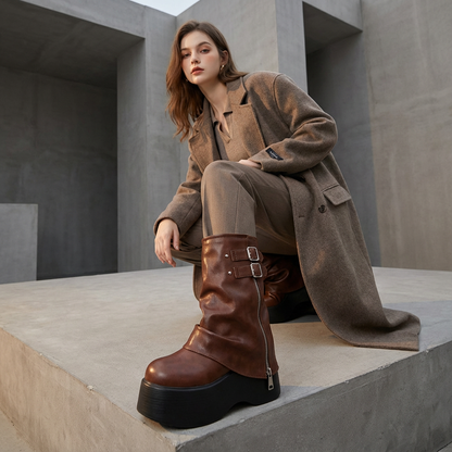 Bottes de Moto Épaisses Femme Sleek | Cuir Souple, Plateforme Haute