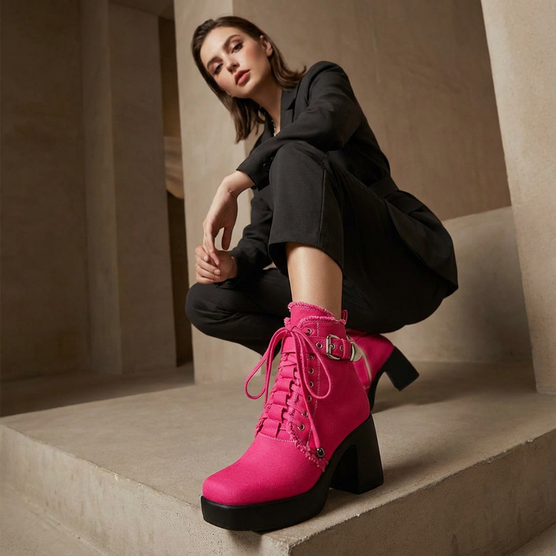 Bottes Courtes à Plateforme Femme Liora | Détail Lacets, Talon Bloc Épais