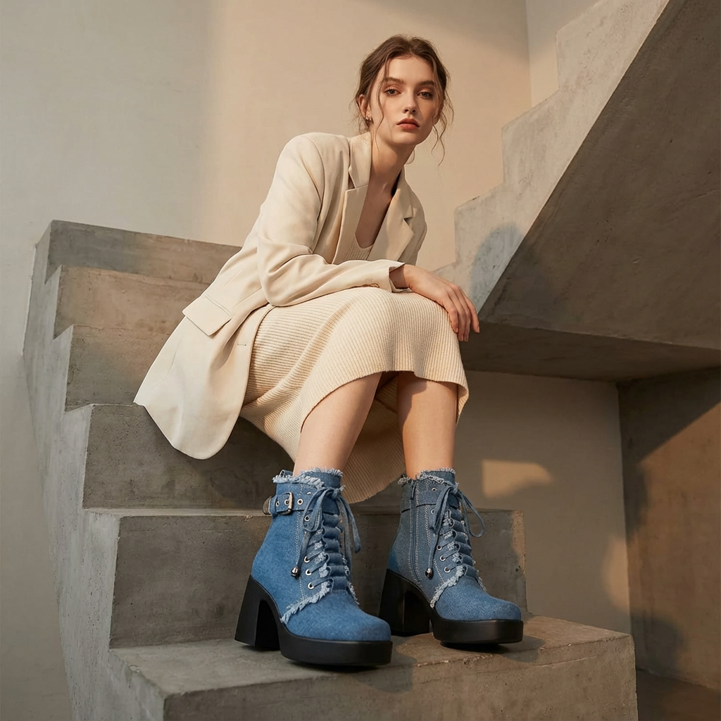 Bottes Courtes à Plateforme Femme Liora | Détail Lacets, Talon Bloc Épais