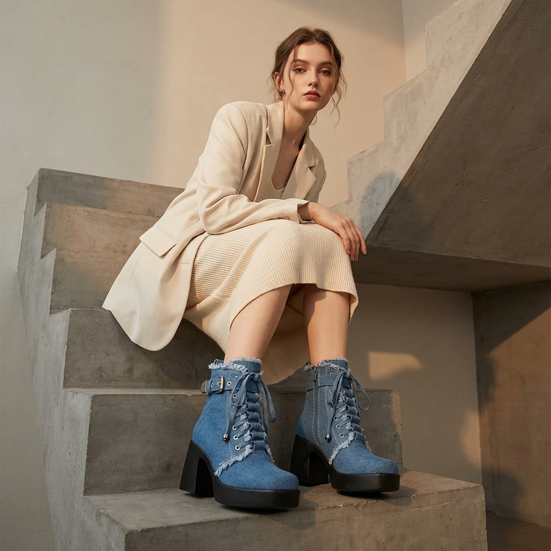 Bottes Courtes à Plateforme Femme Liora | Détail Lacets, Talon Bloc Épais