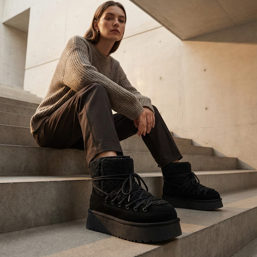 Bottes de neige noires pour femmes Bella | Cuir de vache, chaudes et élégantes