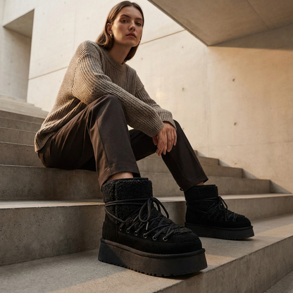 Bottes de neige noires pour femmes Bella | Cuir de vache, chaudes et élégantes