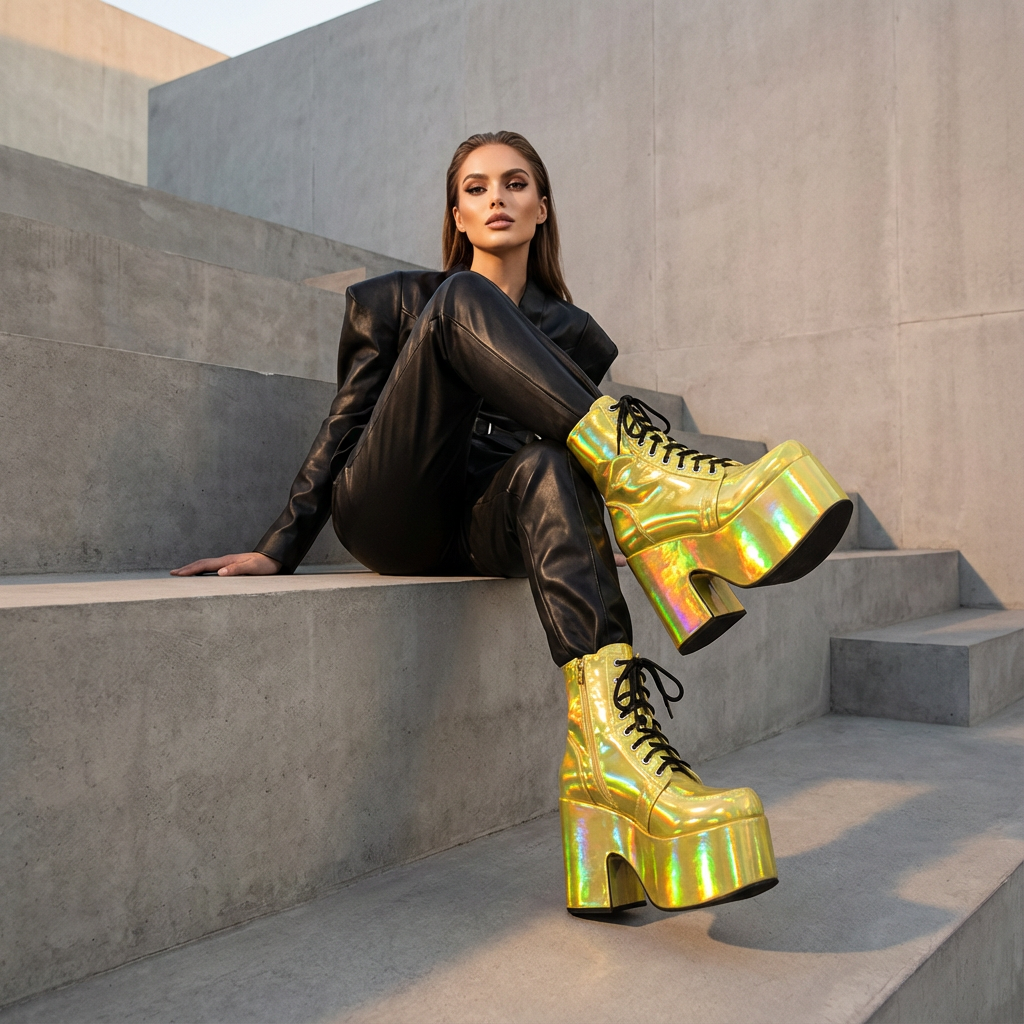 Bottes punk noires Tina pour femmes | Semelle épaisse, design à lacets