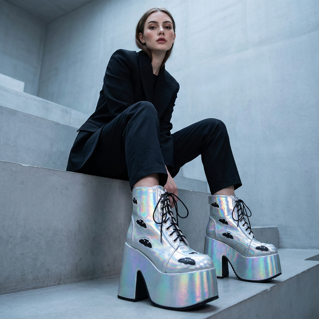 Bottes punk noires Tina pour femmes | Semelle épaisse, design à lacets