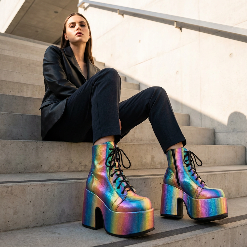 Bottes punk noires Tina pour femmes | Semelle épaisse, design à lacets